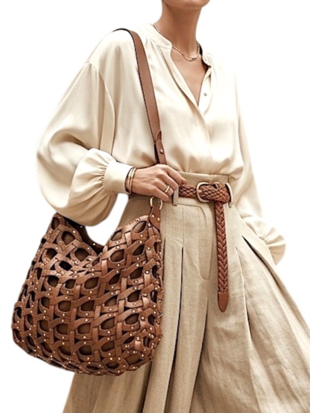 BEBE Y2K studded brown real leather lattice slouchy boho hobo shoulder tote bag